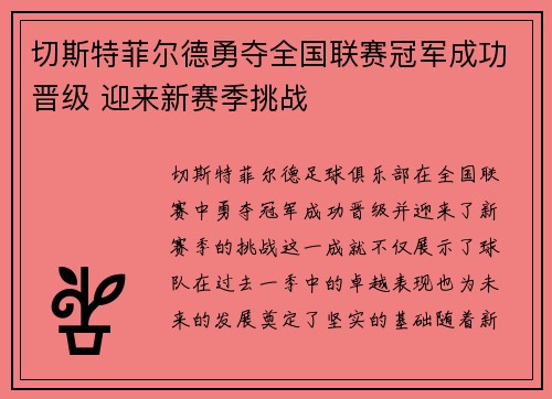 切斯特菲尔德勇夺全国联赛冠军成功晋级 迎来新赛季挑战